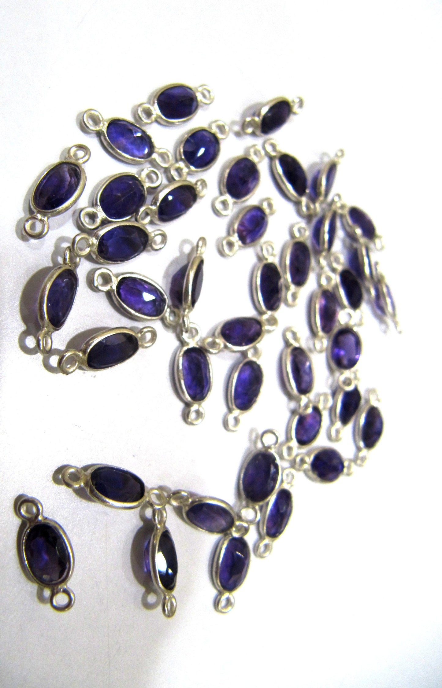 925 Sterling Silver Charms Natural Amethyst gemstone Oval shape Briolette Bezel Connector Double Loop Sold Per Piece