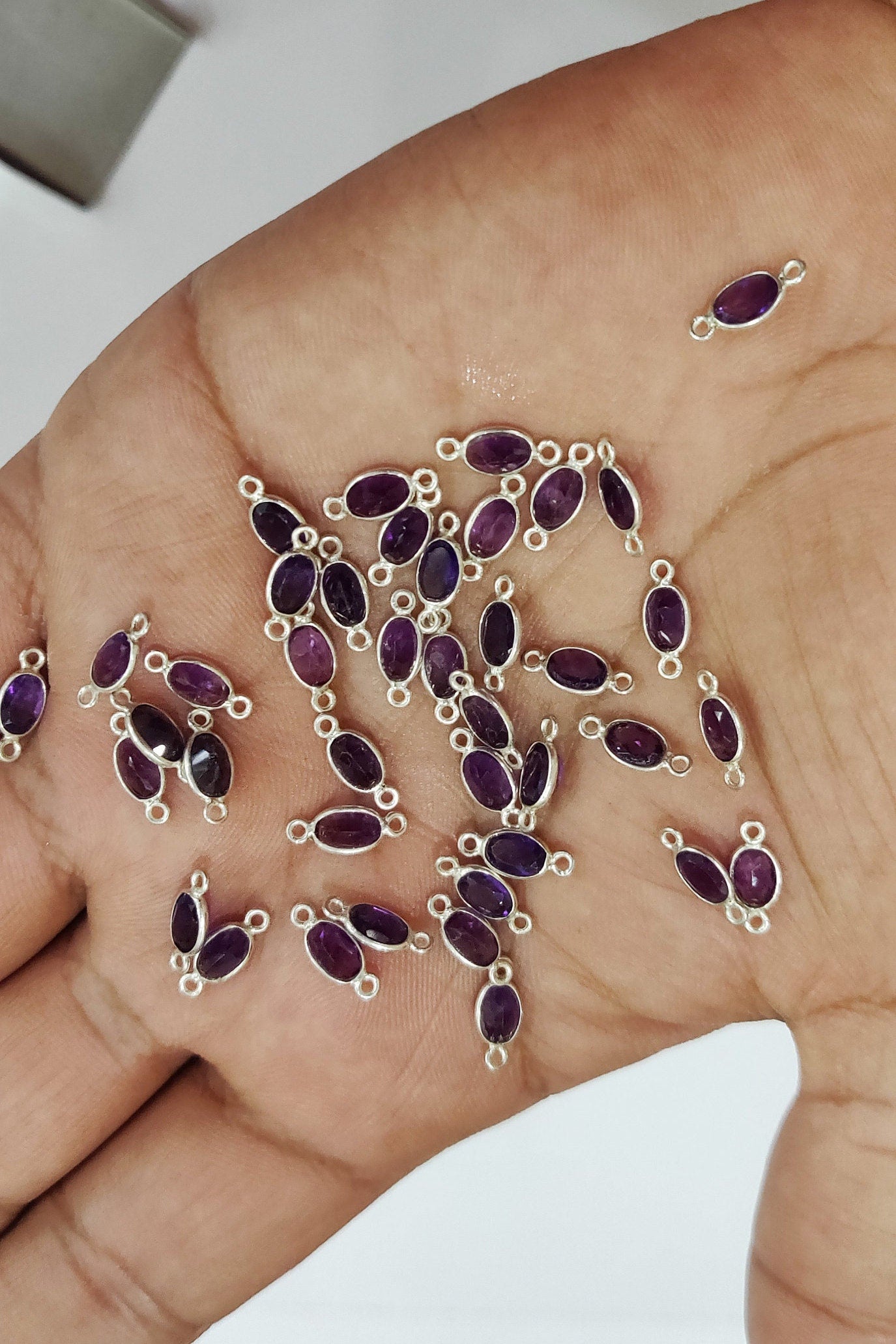 925 Sterling Silver Charms Natural Amethyst gemstone Oval shape Briolette Bezel Connector Double Loop Sold Per Piece