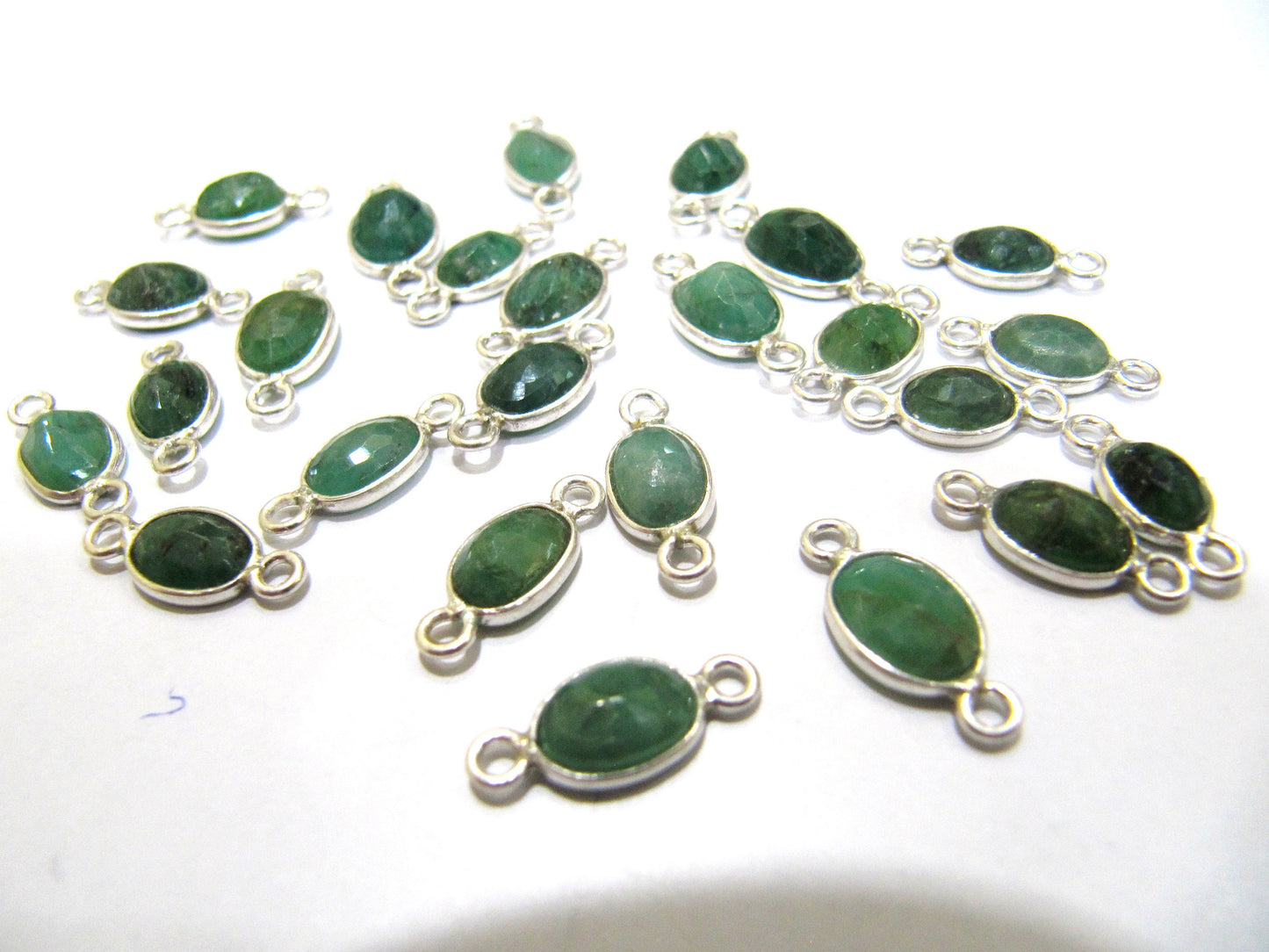 Natural Emerald 925 Sterling Silver Oval shape Briolette Bezel Connector 5to8mm Double Loop Sold Per Piece Choose The size