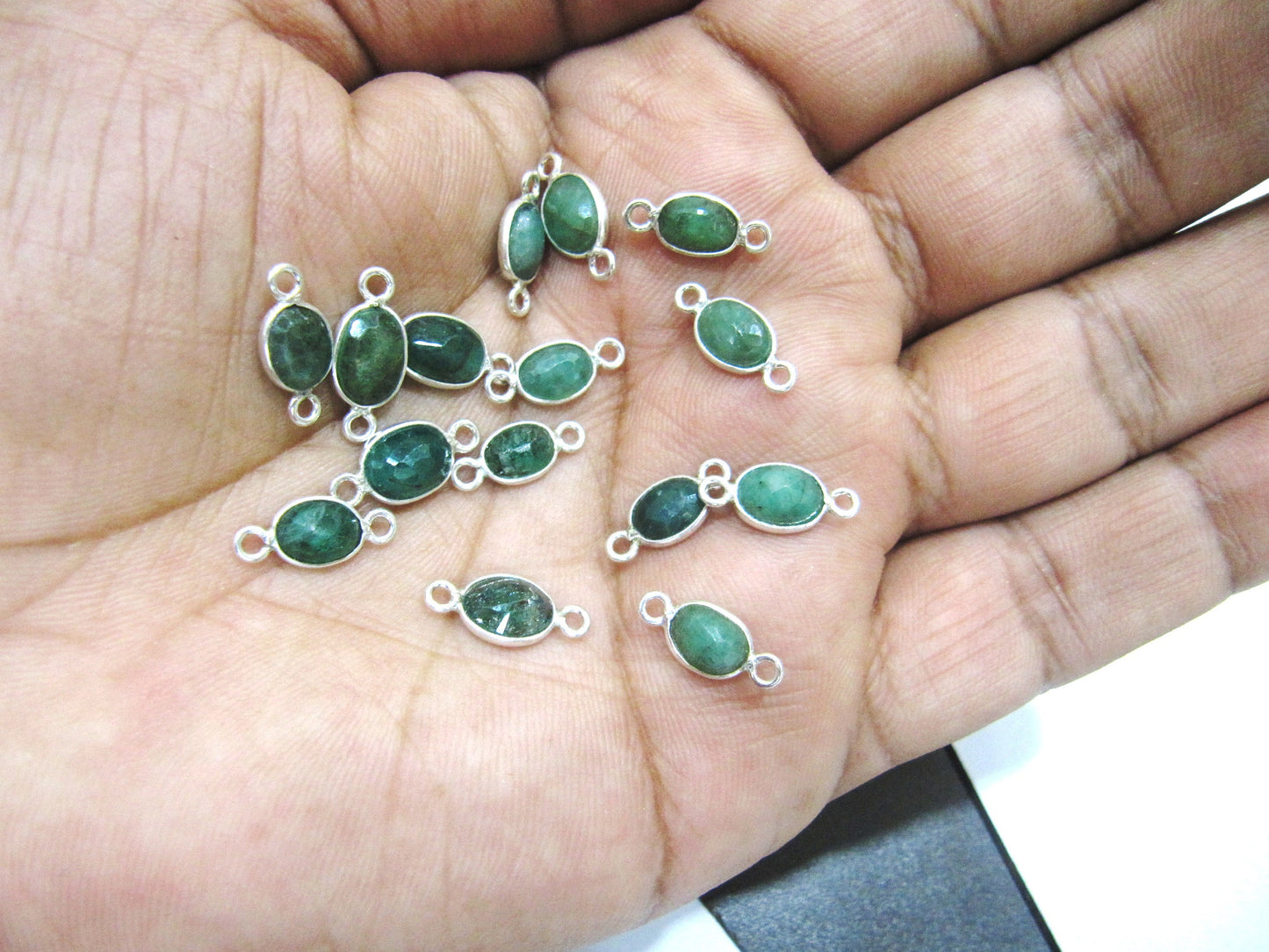Natural Emerald 925 Sterling Silver Oval shape Briolette Bezel Connector 5to8mm Double Loop Sold Per Piece Choose The size