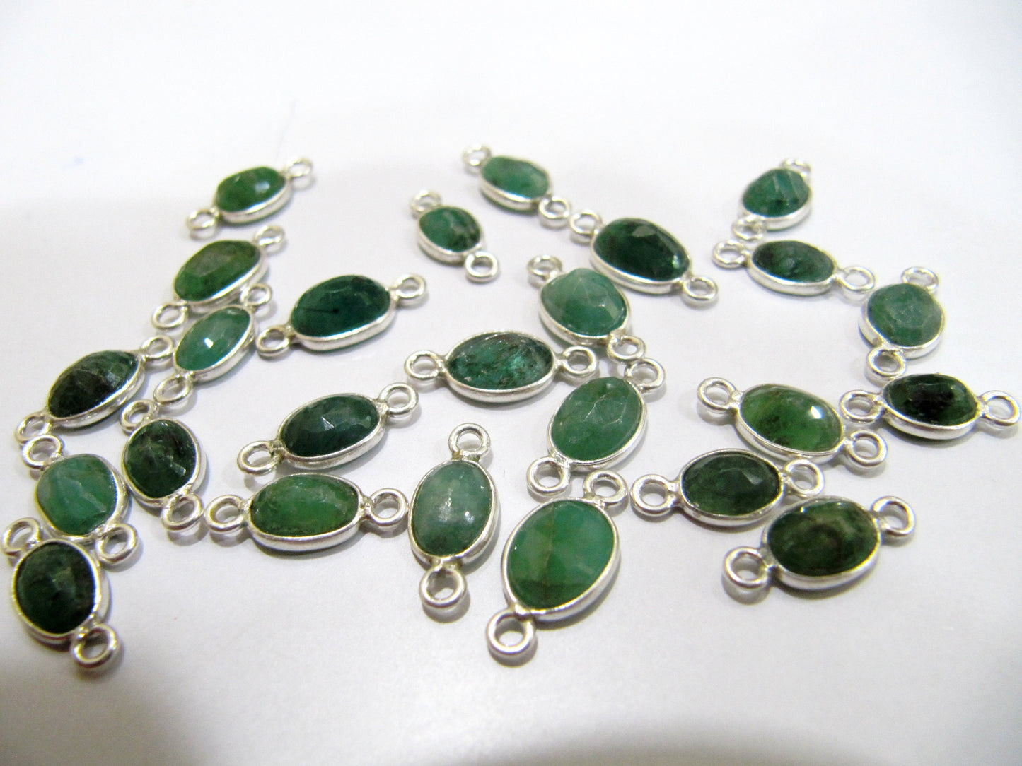 Natural Emerald 925 Sterling Silver Oval shape Briolette Bezel Connector 5to8mm Double Loop Sold Per Piece Choose The size