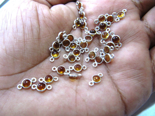 925 Sterling Silver Natural Citrine Gemstone Round Cabochon 5mm Briolette Bezel Connector Double Loop Charms Sold Per Piece