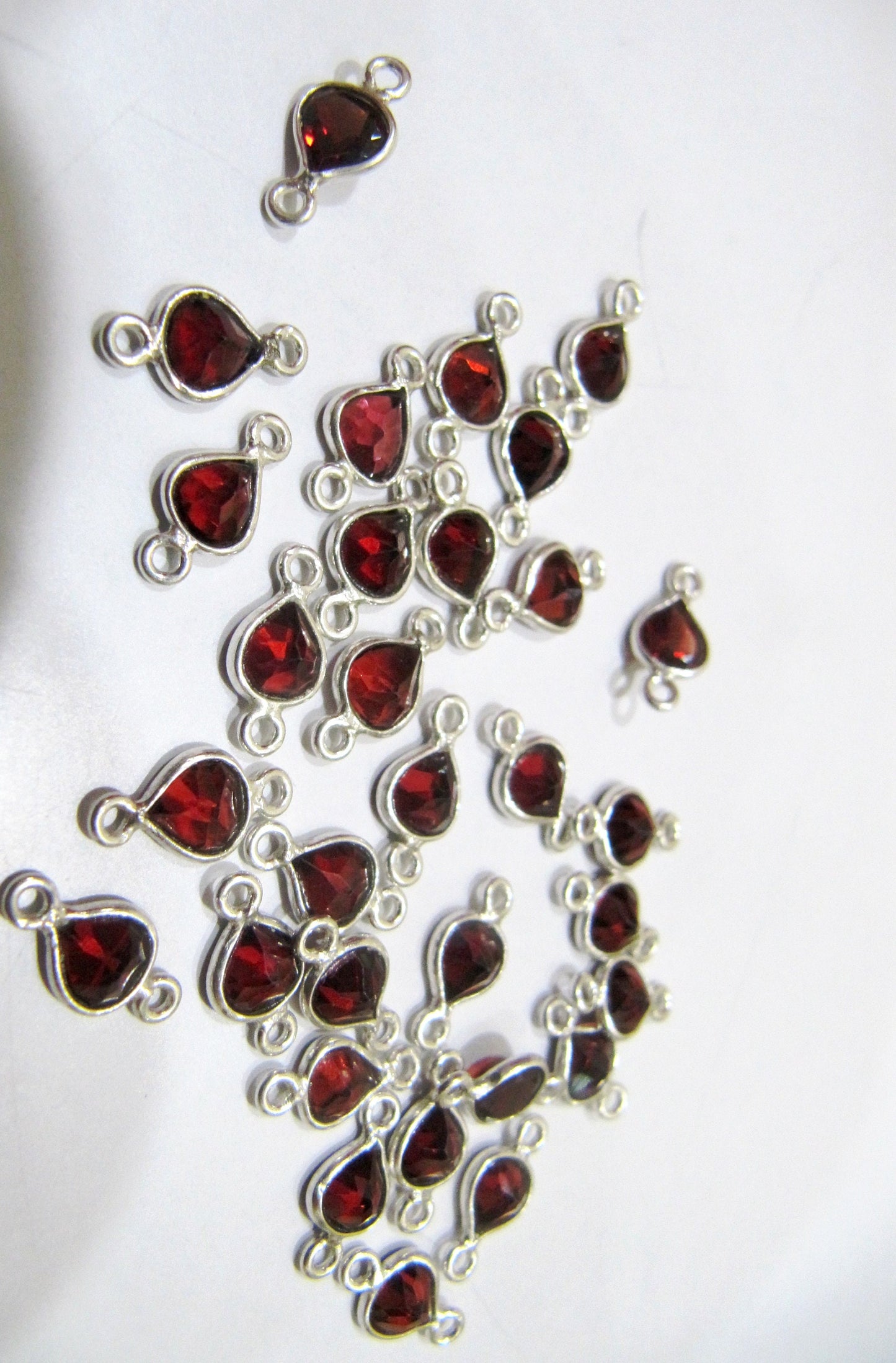 925 Sterling Silver Natural Garnet gemstone Heart shape Briolette 5-6mm Bezel Connector Double Loop Charms Sold Per Piece