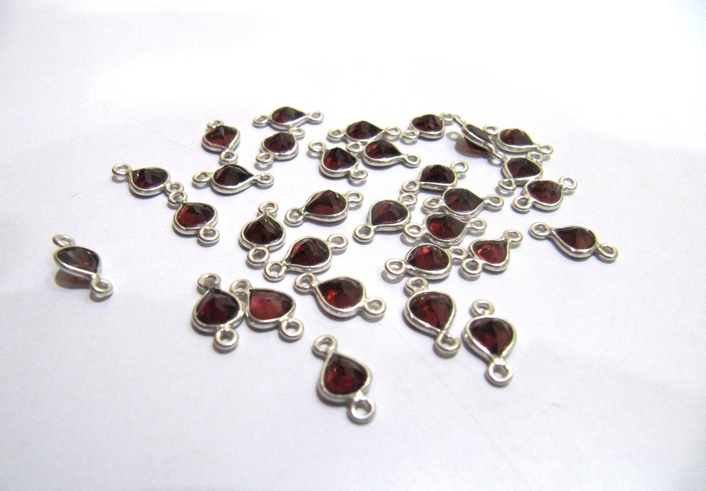 925 Sterling Silver Natural Garnet gemstone Heart shape Briolette 5-6mm Bezel Connector Double Loop Charms Sold Per Piece