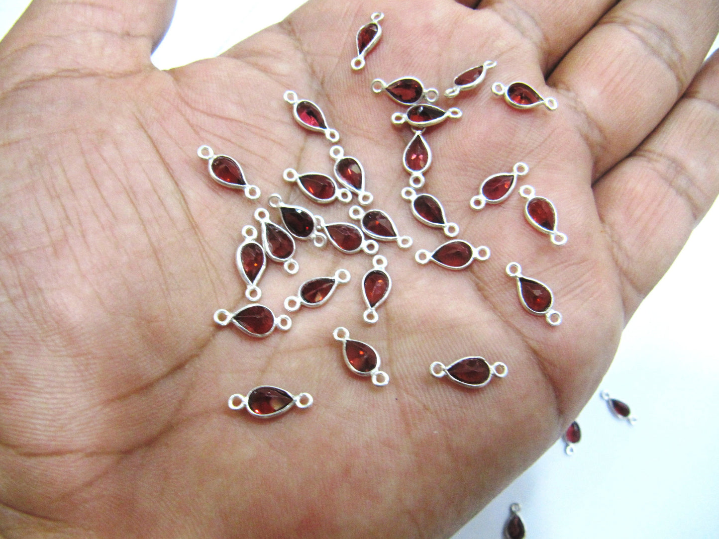 925 Sterling Silver Natural Garnet Heart Pear shape 4 x6mm Briolette Bezel Connectors Charms Double Loop Sold Per Piece