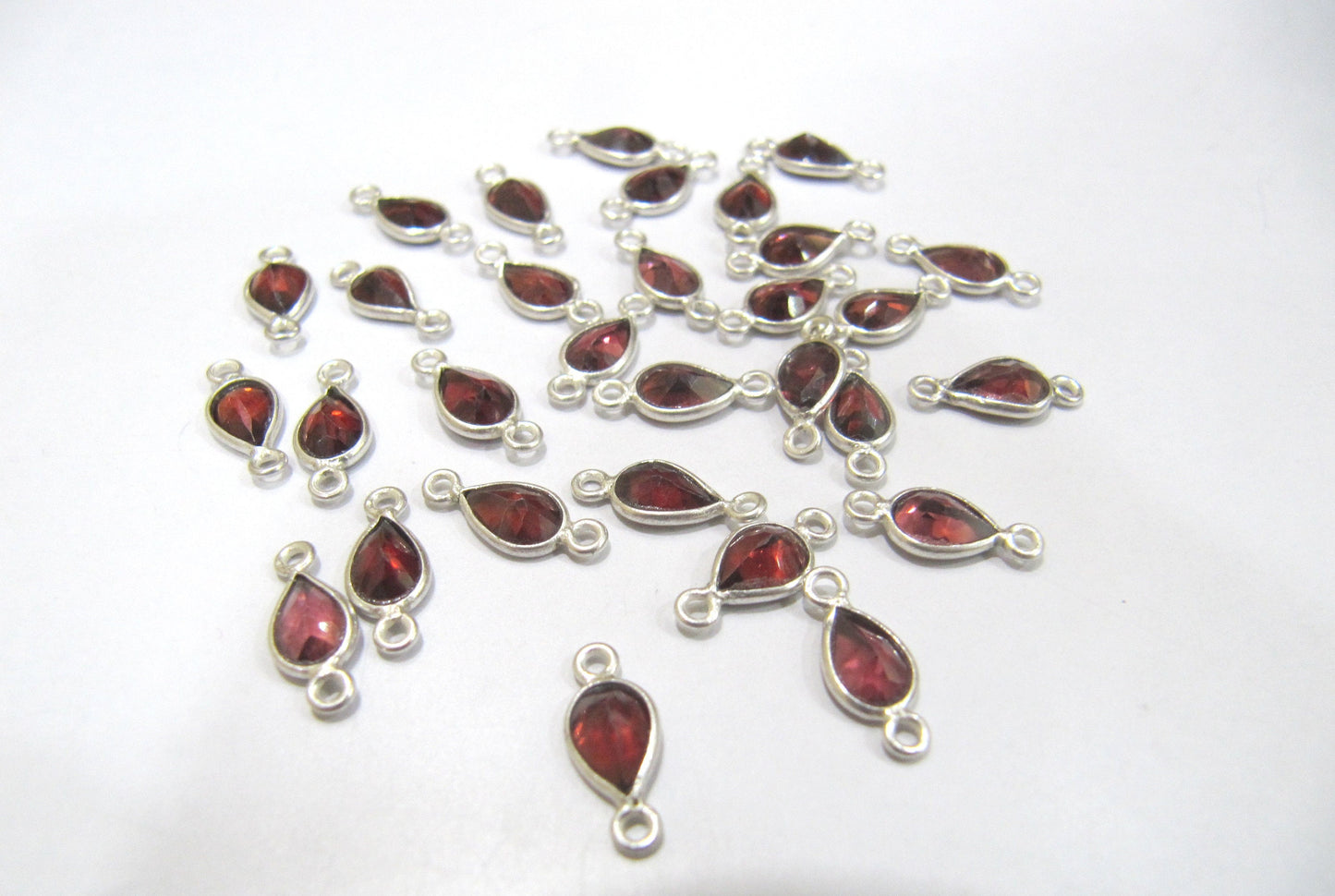 925 Sterling Silver Natural Garnet Heart Pear shape 4 x6mm Briolette Bezel Connectors Charms Double Loop Sold Per Piece