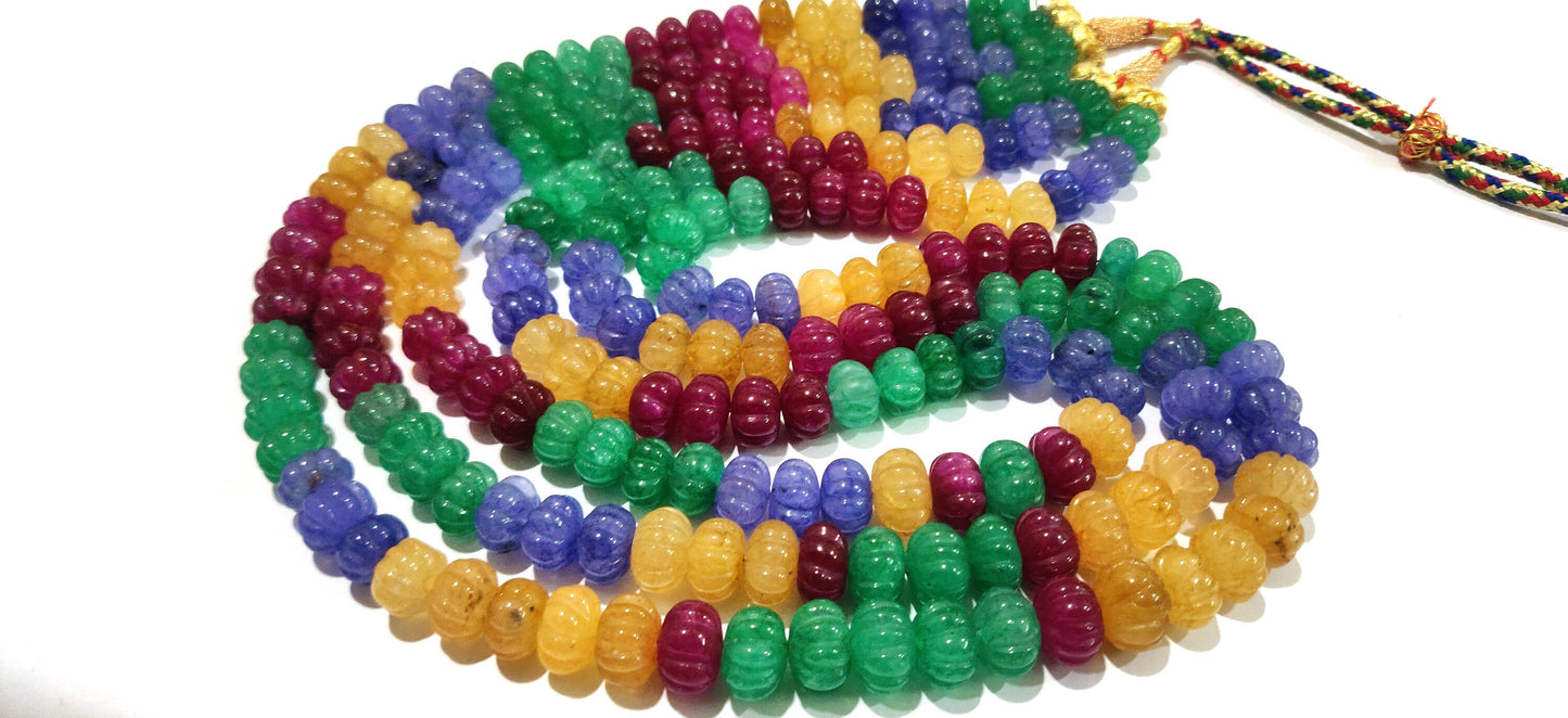 Multi Color Hand carved Watermelon Beads Three Layered Necklace  24 Inches long 3 Layered Beaded Necklace Jewellery