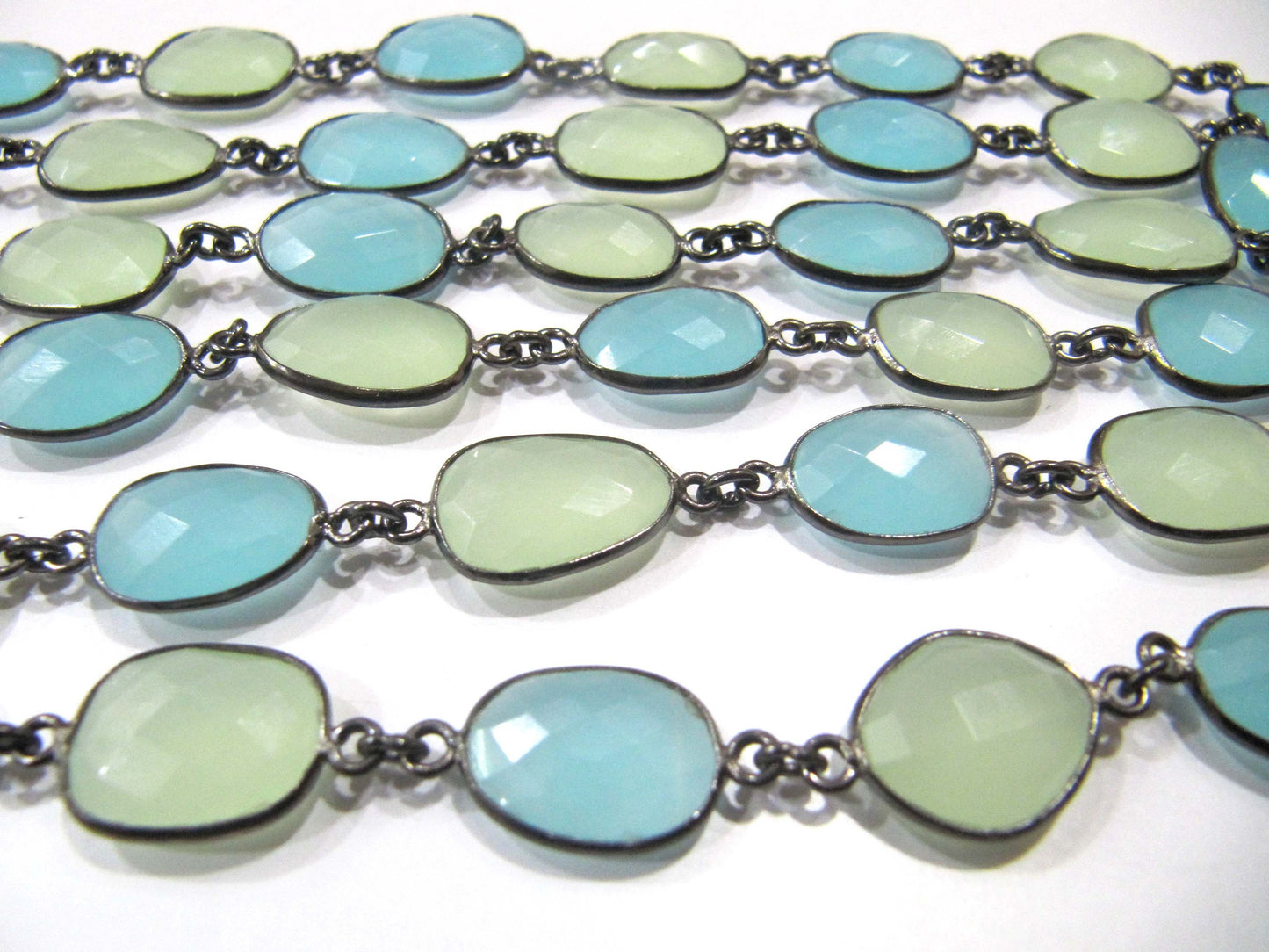 Multi color Green and Aqua Chalcedony free Shape Briolette 10 to 15mm  Bezel Connector Chain Sold Per Foot choose the plating color