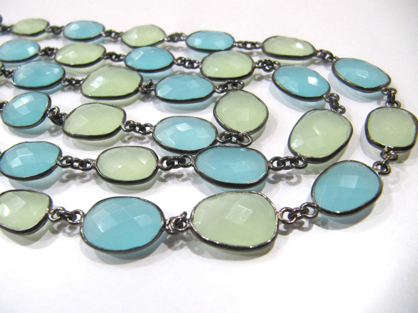Multi color Green and Aqua Chalcedony free Shape Briolette 10 to 15mm  Bezel Connector Chain Sold Per Foot choose the plating color