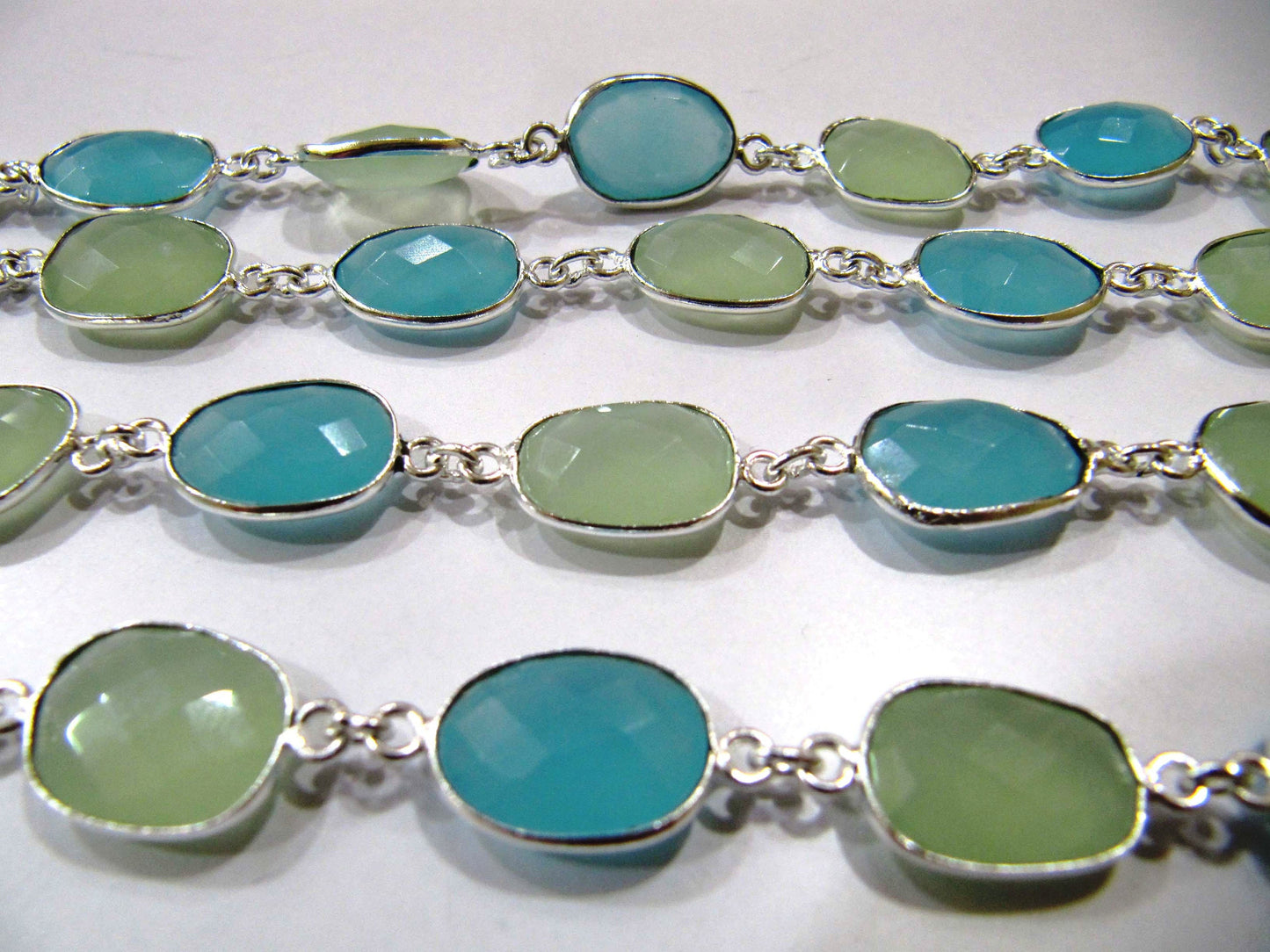 Multi color Green and Aqua Chalcedony free Shape Briolette 10 to 15mm  Bezel Connector Chain Sold Per Foot choose the plating color