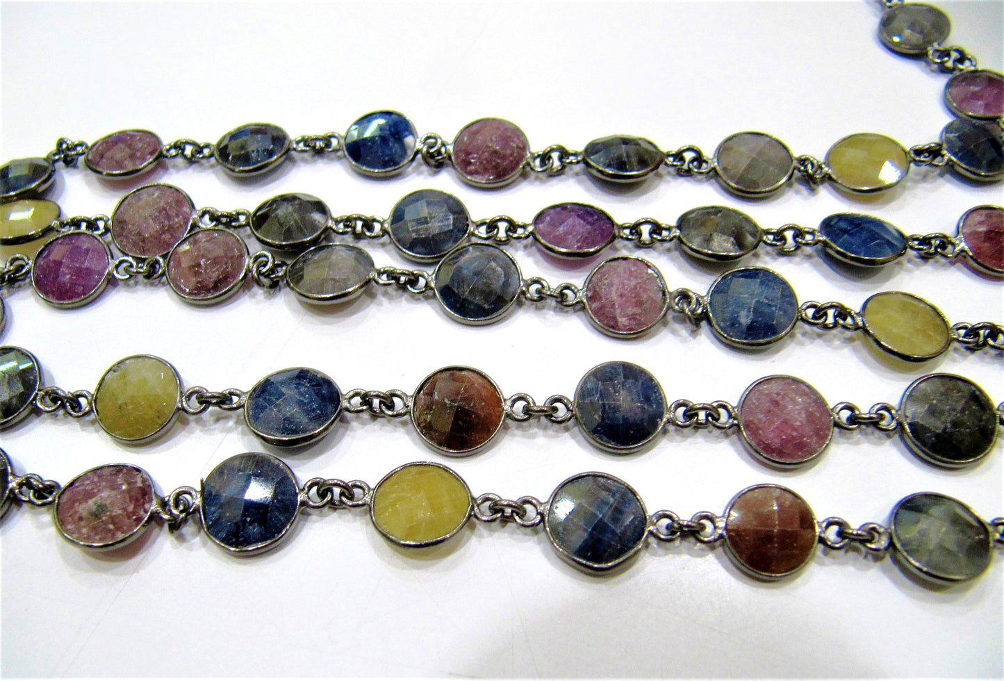 Natural Multi Sapphire Round Coin shape Briolette Connector  10mm Bezel Chain Jewellery making Wholesale Chain sold per foot