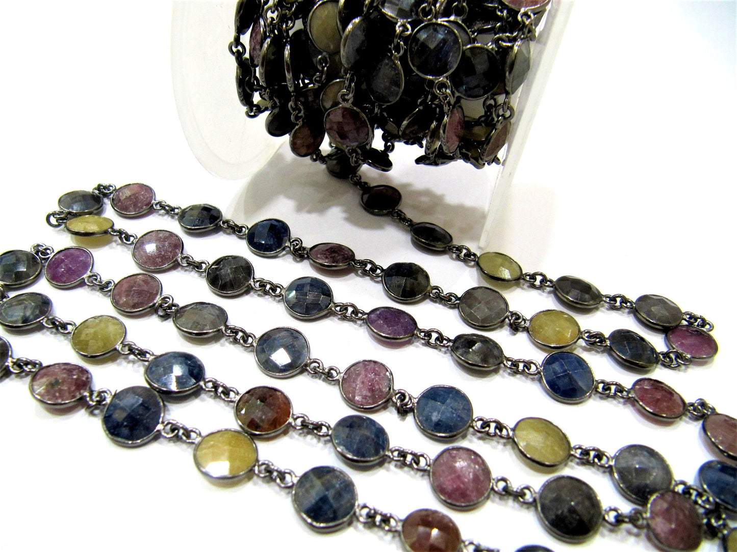 Natural Multi Sapphire Round Coin shape Briolette Connector  10mm Bezel Chain Jewellery making Wholesale Chain sold per foot