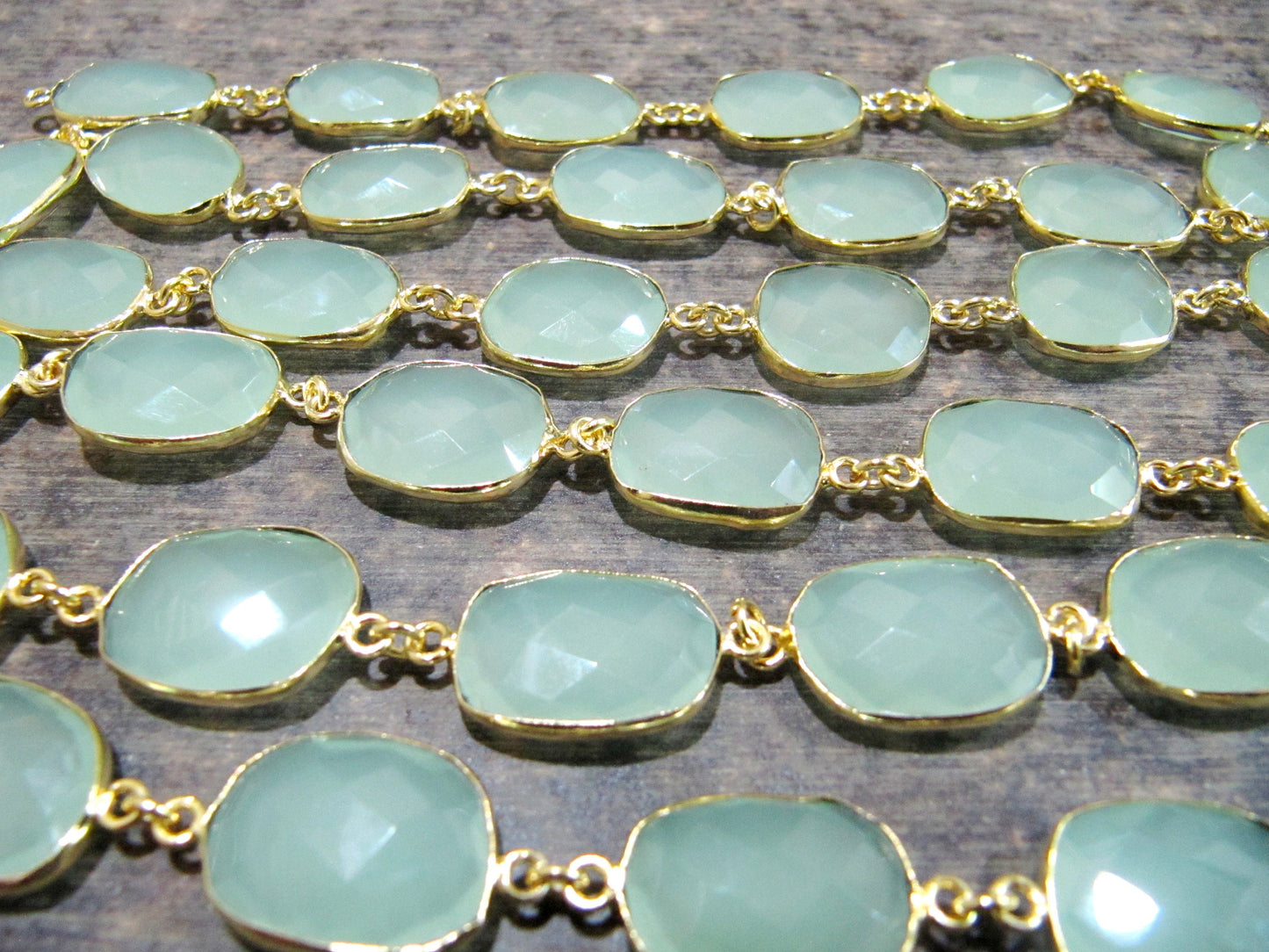 Aqua color Chalcedony free Shape Briolette 10 to 15mm  Bezel Connector Chain Sold Per Foot choose the plating color