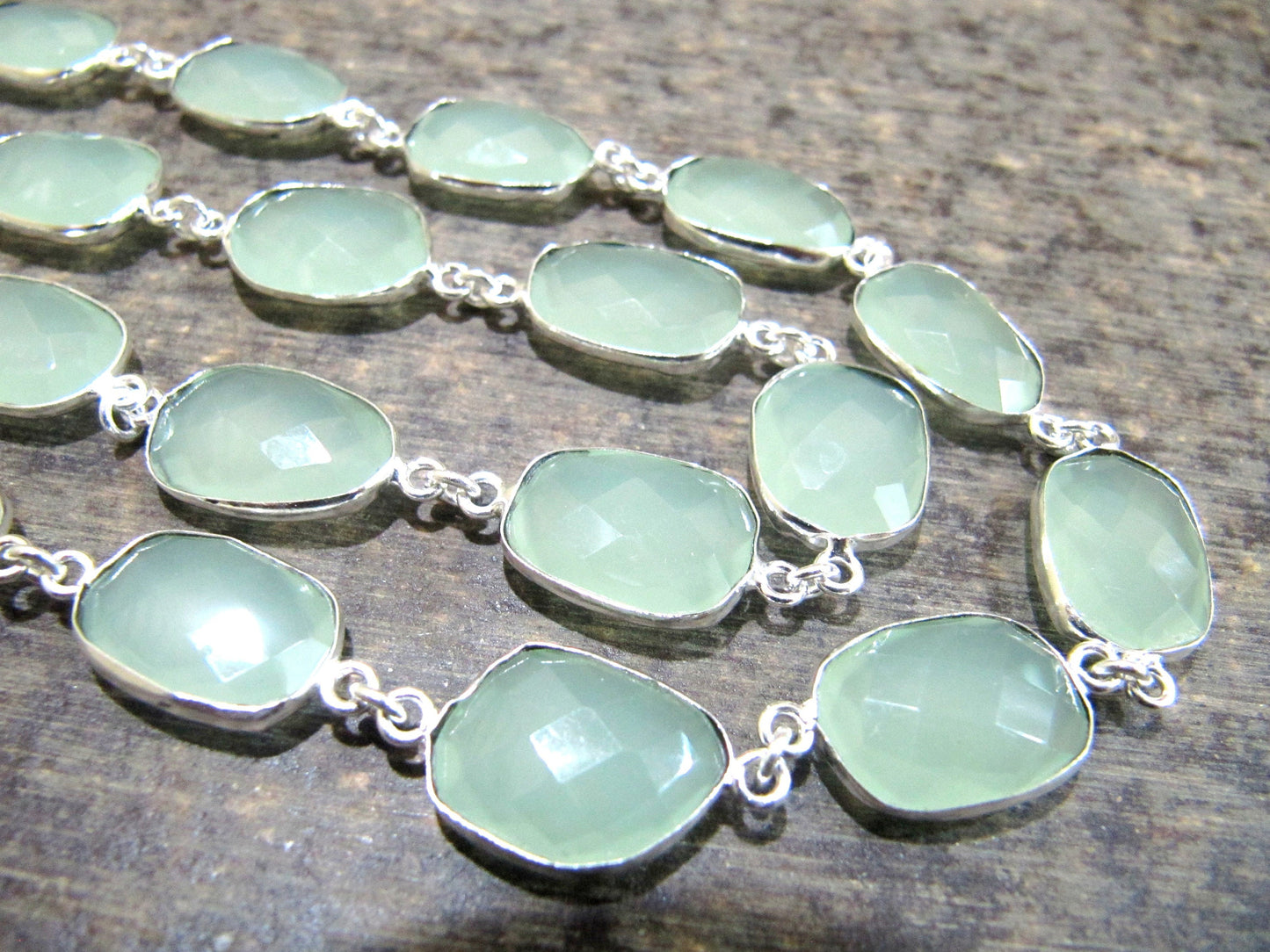 Aqua color Chalcedony free Shape Briolette 10 to 15mm  Bezel Connector Chain Sold Per Foot choose the plating color