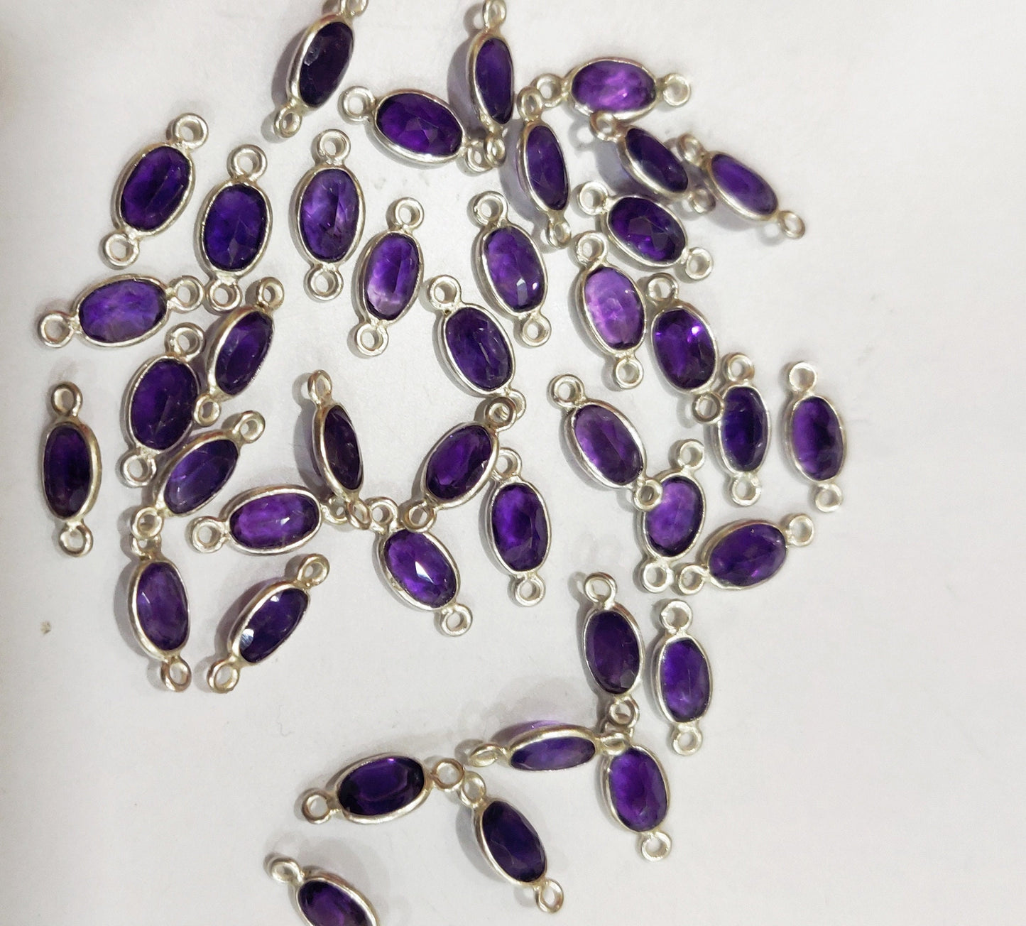 925 Sterling Silver Charms Natural Amethyst gemstone Oval shape Briolette Bezel Connector Double Loop Sold Per Piece