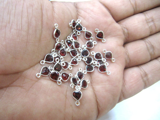 925 Sterling Silver Natural Garnet gemstone Heart shape Briolette 5-6mm Bezel Connector Double Loop Charms Sold Per Piece