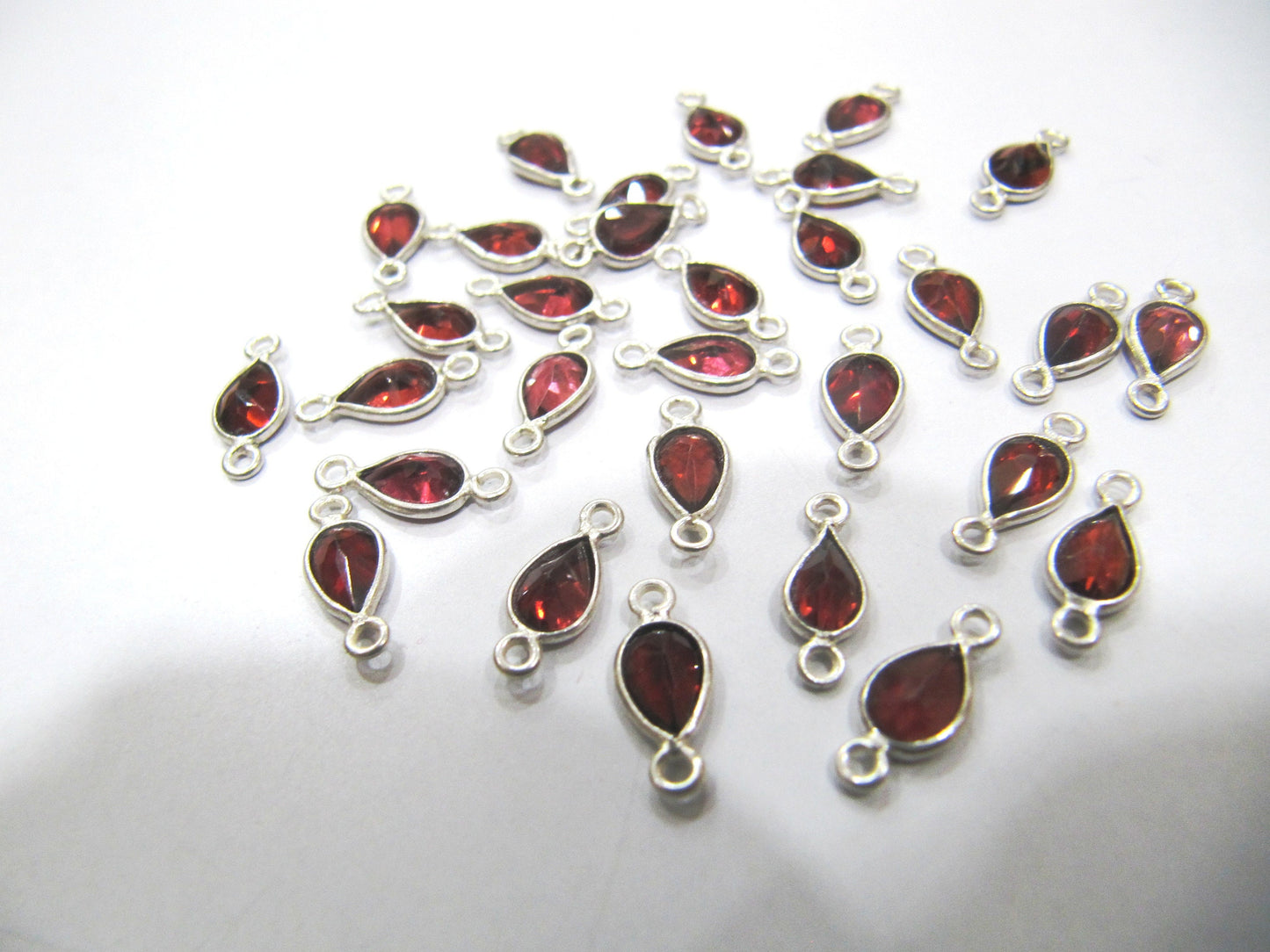 925 Sterling Silver Natural Garnet Heart Pear shape 4 x6mm Briolette Bezel Connectors Charms Double Loop Sold Per Piece