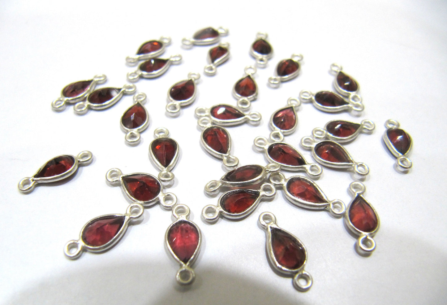 925 Sterling Silver Natural Garnet Heart Pear shape 4 x6mm Briolette Bezel Connectors Charms Double Loop Sold Per Piece