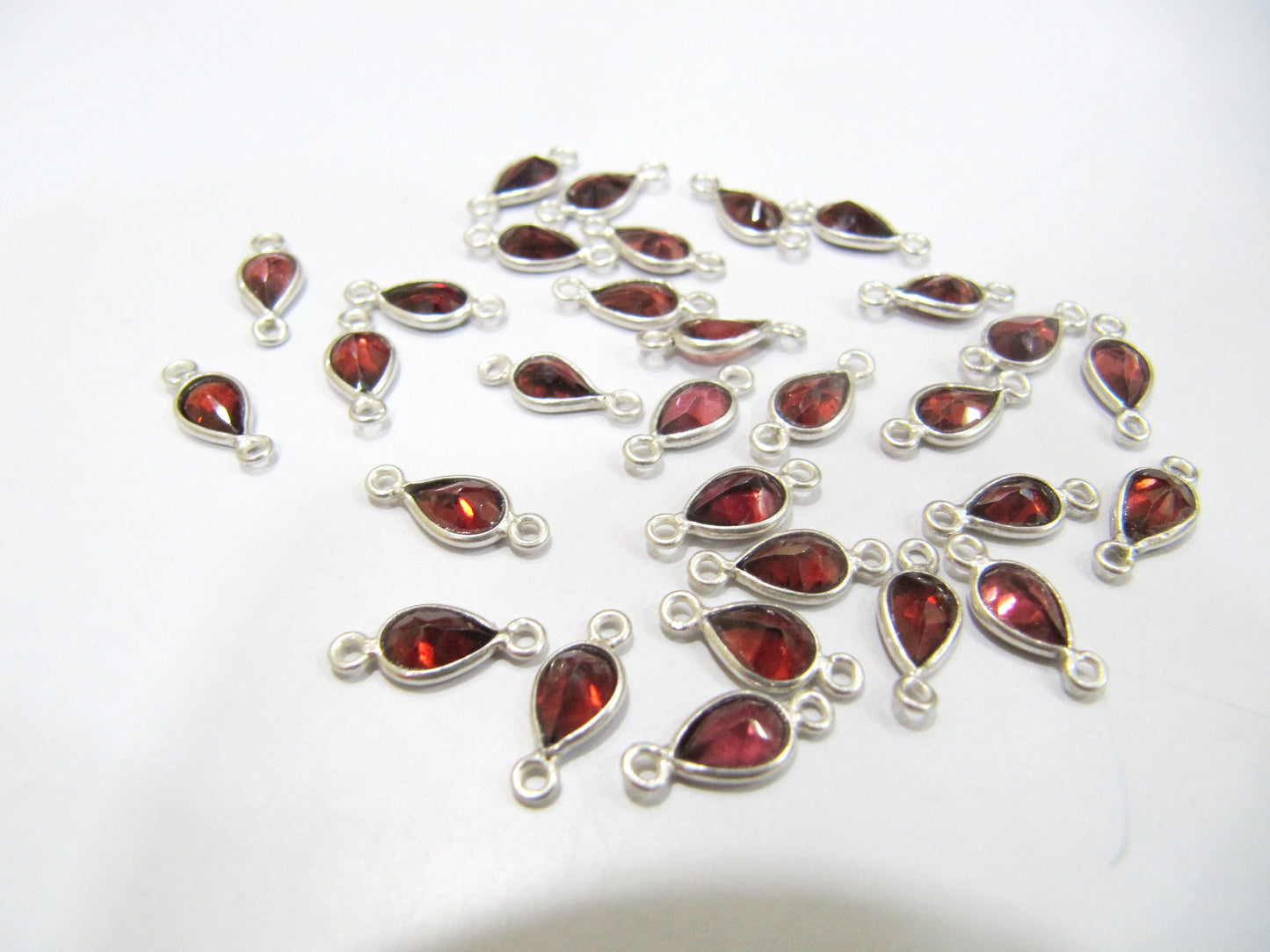 925 Sterling Silver Natural Garnet Heart Pear shape 4 x6mm Briolette Bezel Connectors Charms Double Loop Sold Per Piece