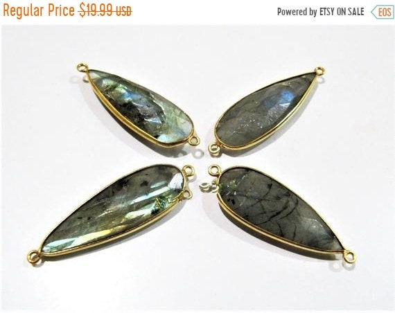 4 Pcs Set Natural Labradorite Long Pear Shape 10x28 to 12x30mm Briolette Connectors Gray Stone Double Loop Bezel Jewelry Making Connectors