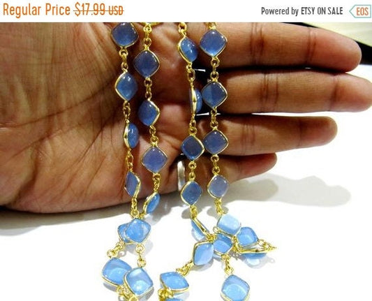 Natural Blue Chalcedony Square Shape Plain Smooth Bezel Connector Chain 11mm Gold Plated Sold Per Foot High Quality  Wholesale prices