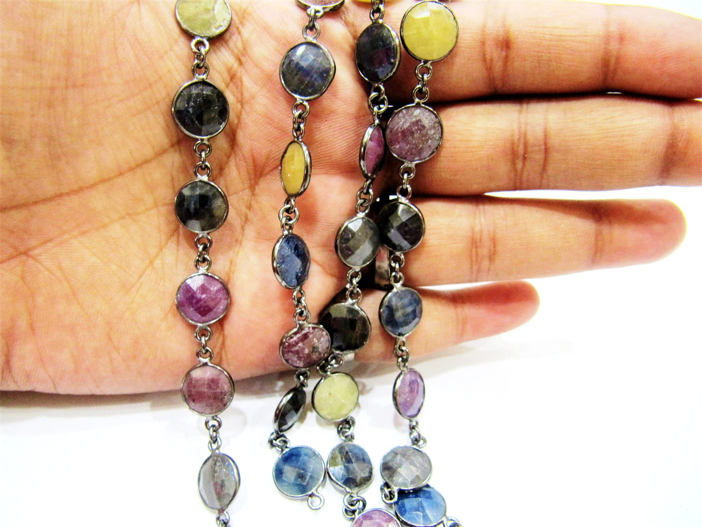 Natural Multi Sapphire Round Coin shape Briolette Connector  10mm Bezel Chain Jewellery making Wholesale Chain sold per foot