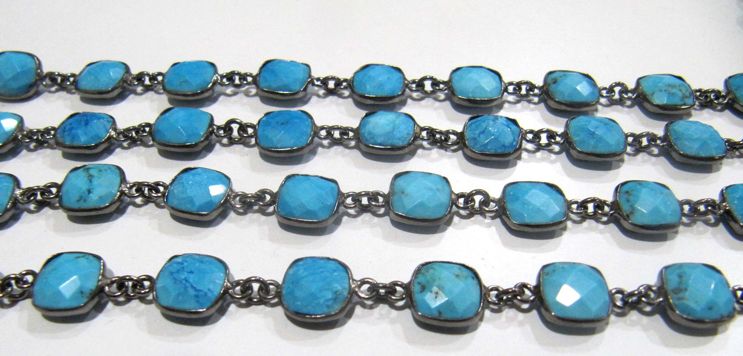 Natural Turquoise Magnesite Briolette Faceted Cushion shape 9mm size Bezel Connector Chain Wholesale Prices Handmade Jewelry chain per foot