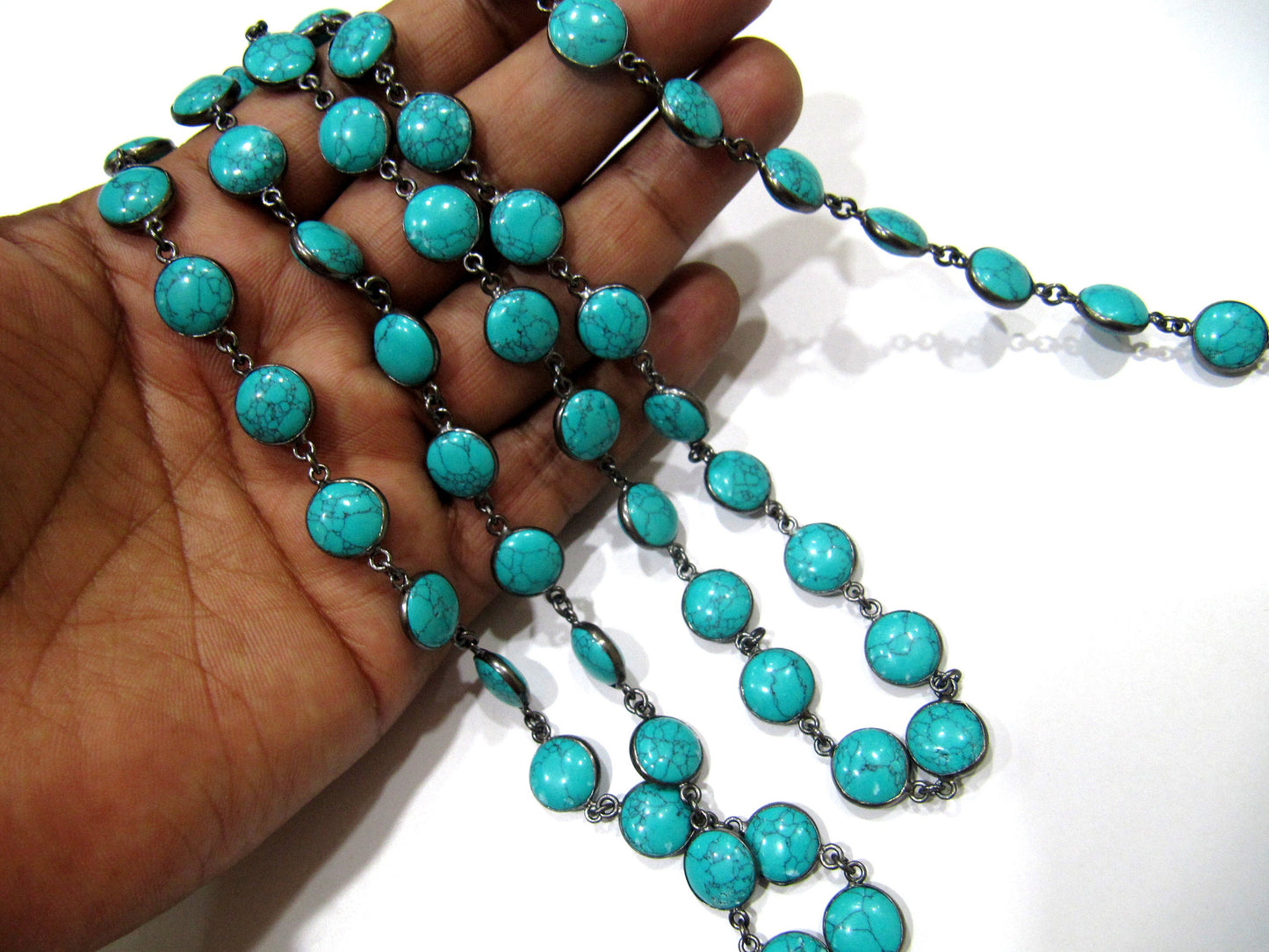 Turquoise Plain Smooth Round Coin Shape 11mm Bezel Connector Chain Black oxidized Sold Per Foot