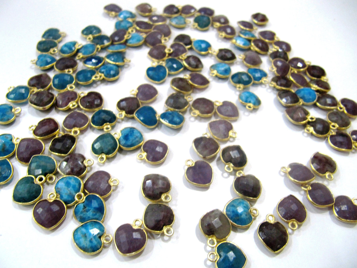 Natural Gemstone heart shape center loop Bezel Connectors Gold Plated 10mm Charms for jewellery making sold per piece