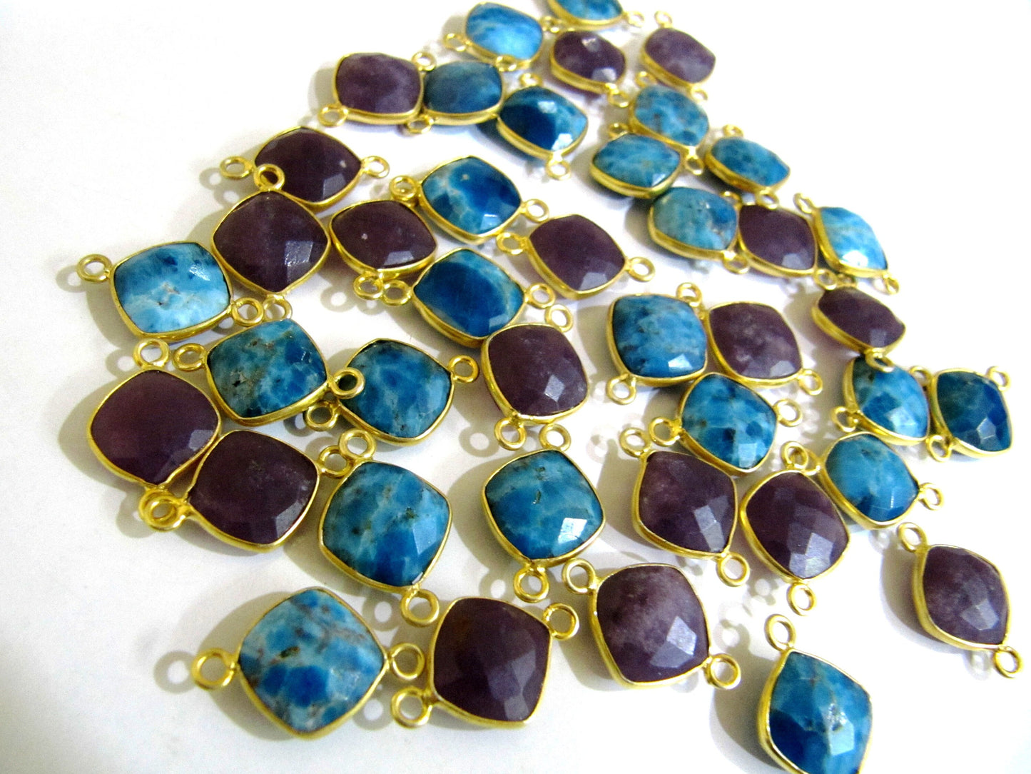 Natural Gemstones Briolette Faceted 10mm Cushion Square Shape Double Loop Bezel Connector charms Choose the Plating color Sold Per Piece