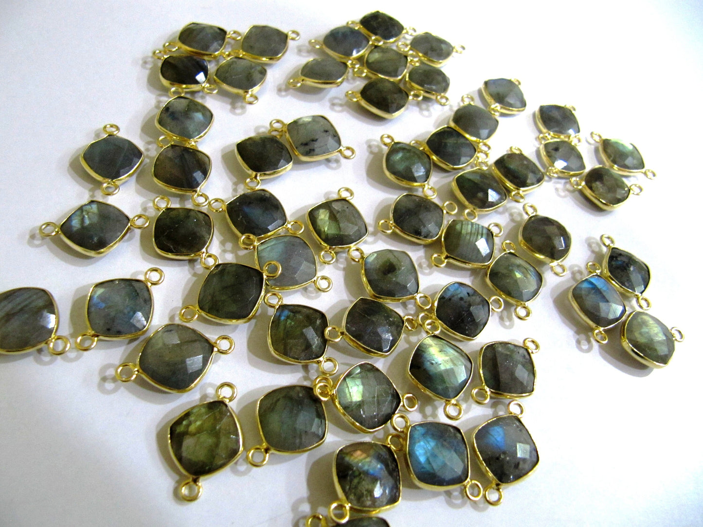 Natural Gemstones Briolette Faceted 10mm Cushion Square Shape Double Loop Bezel Connector charms Choose the Plating color Sold Per Piece