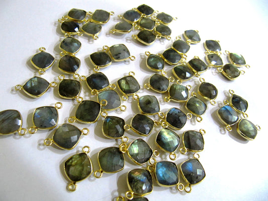 Natural Gemstones Briolette Faceted 10mm Cushion Square Shape Double Loop Bezel Connector charms Choose the Plating color Sold Per Piece