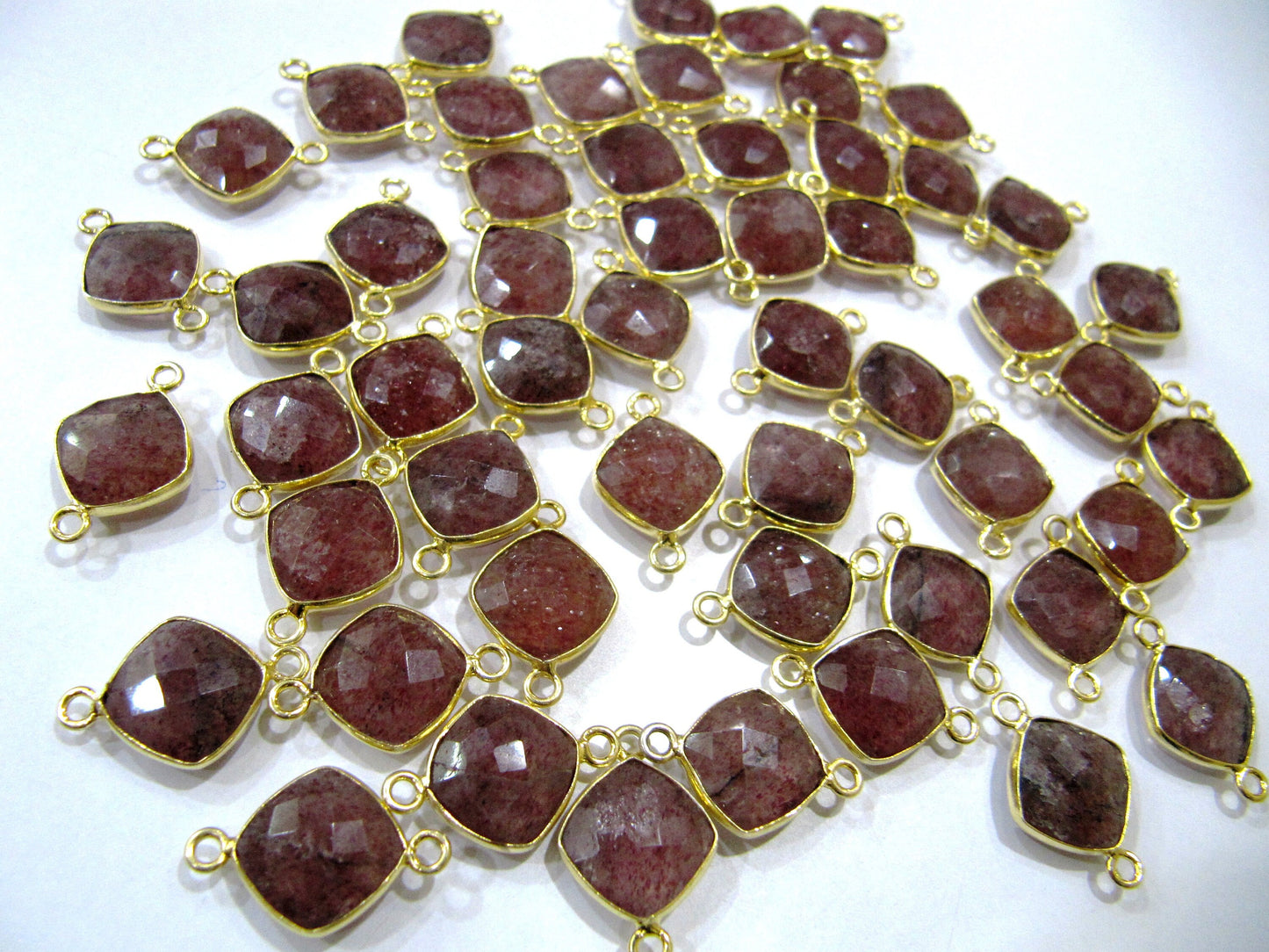 Natural Gemstones Briolette Faceted 10mm Cushion Square Shape Double Loop Bezel Connector charms Choose the Plating color Sold Per Piece