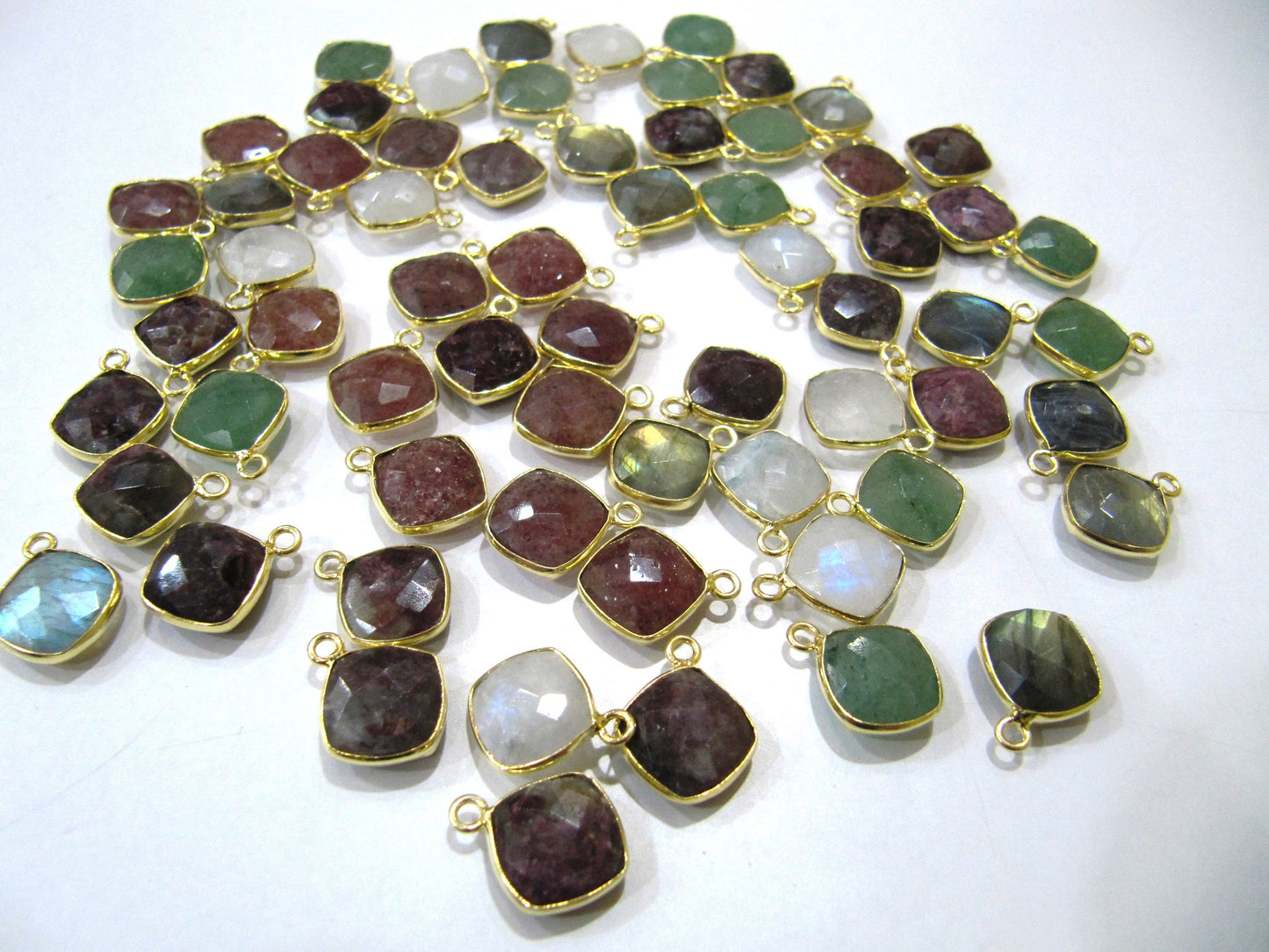 Natural Gemstone cushion Square shape Single loop Bezel Connectors Gold Plated 10mm Charms for jewellery making sold per piece