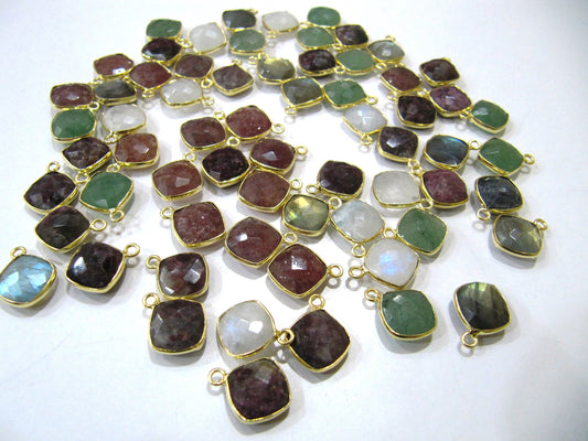 Natural Gemstone cushion Square shape Single loop Bezel Connectors Gold Plated 10mm Charms for jewellery making sold per piece