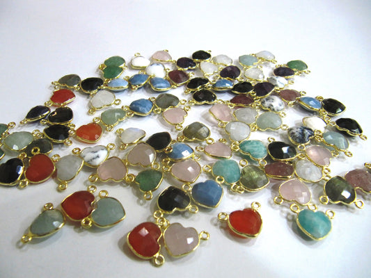 Natural Gemstone heart shape Double  loop Bezel Connectors Gold Plated 10mm Charms for jewellery making sold per piece