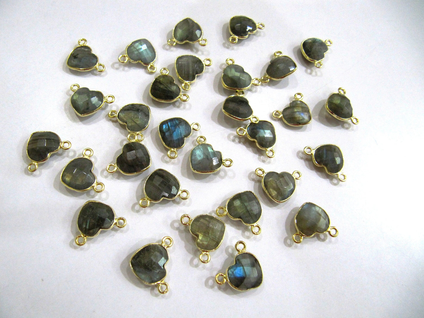 Natural Gemstone heart shape Double  loop Bezel Connectors Gold Plated 10mm Charms for jewellery making sold per piece