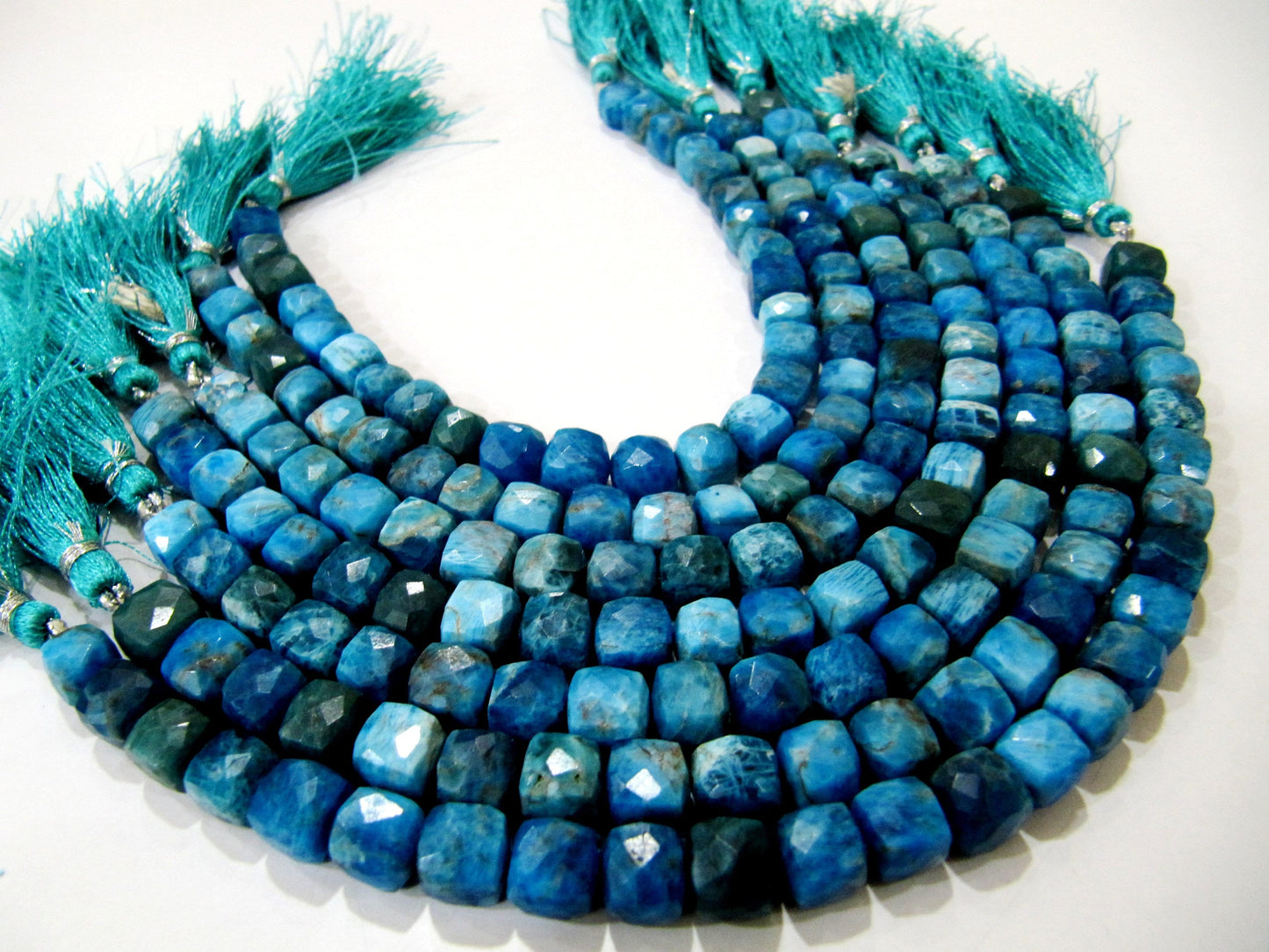 Natural Neon Apatite Beads 3D cube Box shape Briolette 6mm to 8mm beads strand 8 inches long Genuine Gemstone Blue color beads
