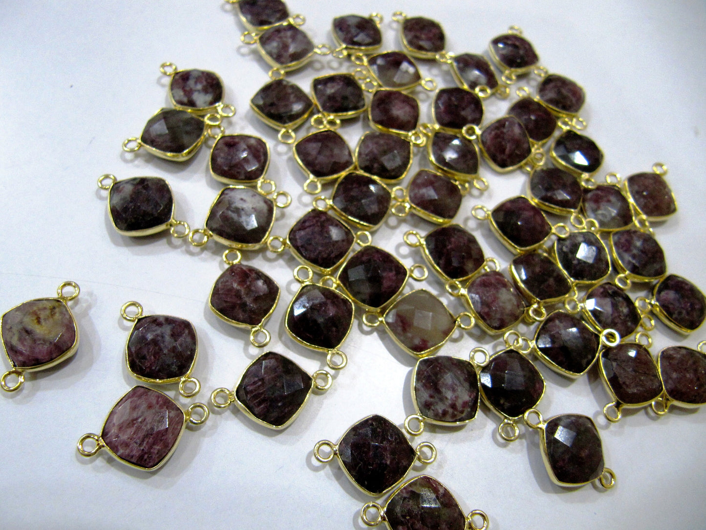 Natural Gemstones Briolette Faceted 10mm Cushion Square Shape Double Loop Bezel Connector charms Choose the Plating color Sold Per Piece