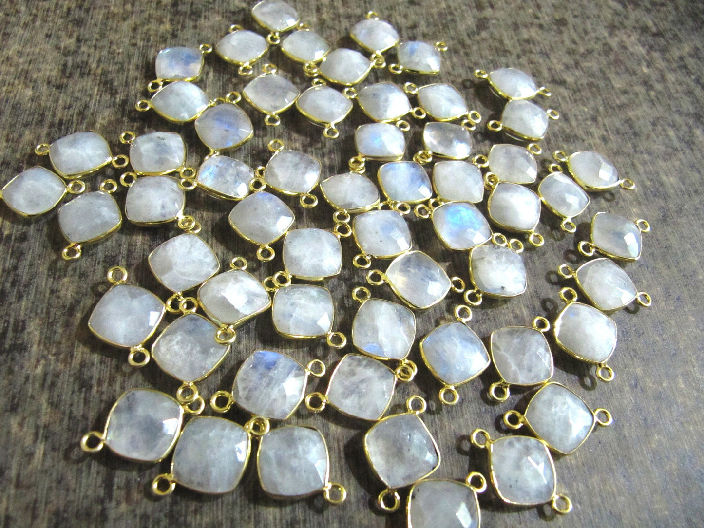 Natural Gemstones Briolette Faceted 10mm Cushion Square Shape Double Loop Bezel Connector charms Choose the Plating color Sold Per Piece