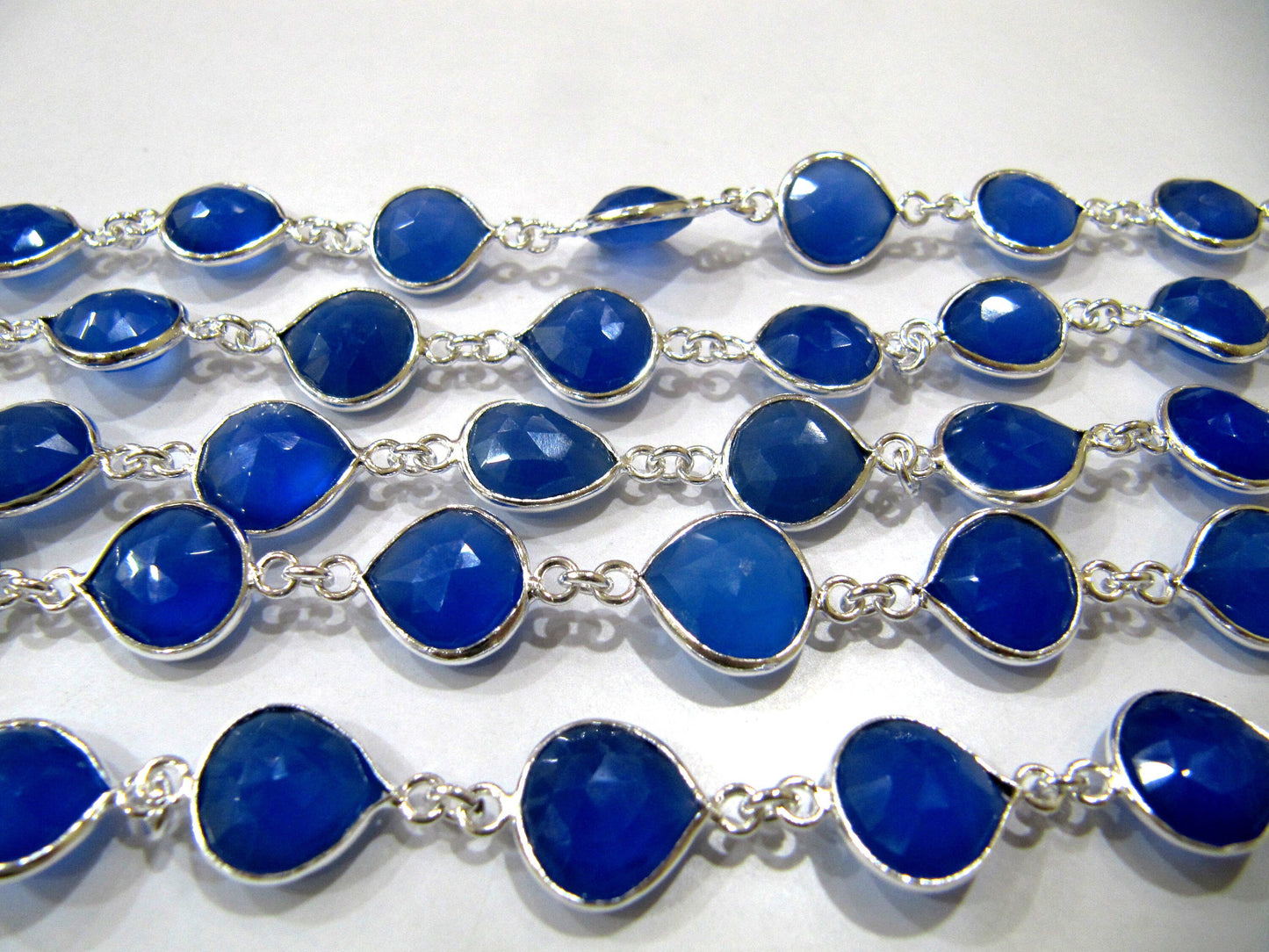 Natural Blue chalcedony 10-12mm Heart Shape Briolette Bezel Connector chain sold Per foot handmade Gemstone Jewllery