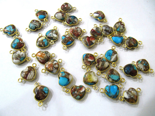 Natural Oyster Copper Turquoise heart Shape 10mm Briolette Connectors double side loop Bezel Charms Sold per Piece