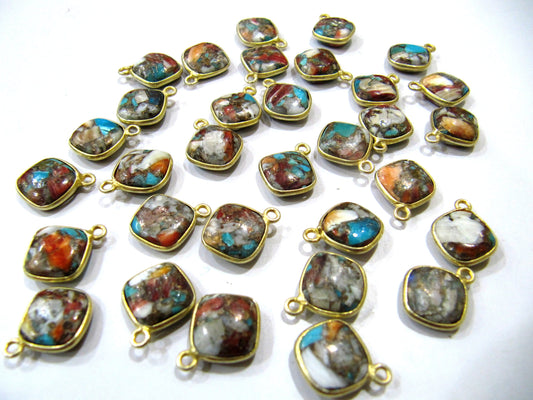 Natural Oyster Copper Turquoise Cushion Shape 10mm Briolette Connectors Single Corner Loop Bezel Charms Sold per Piece