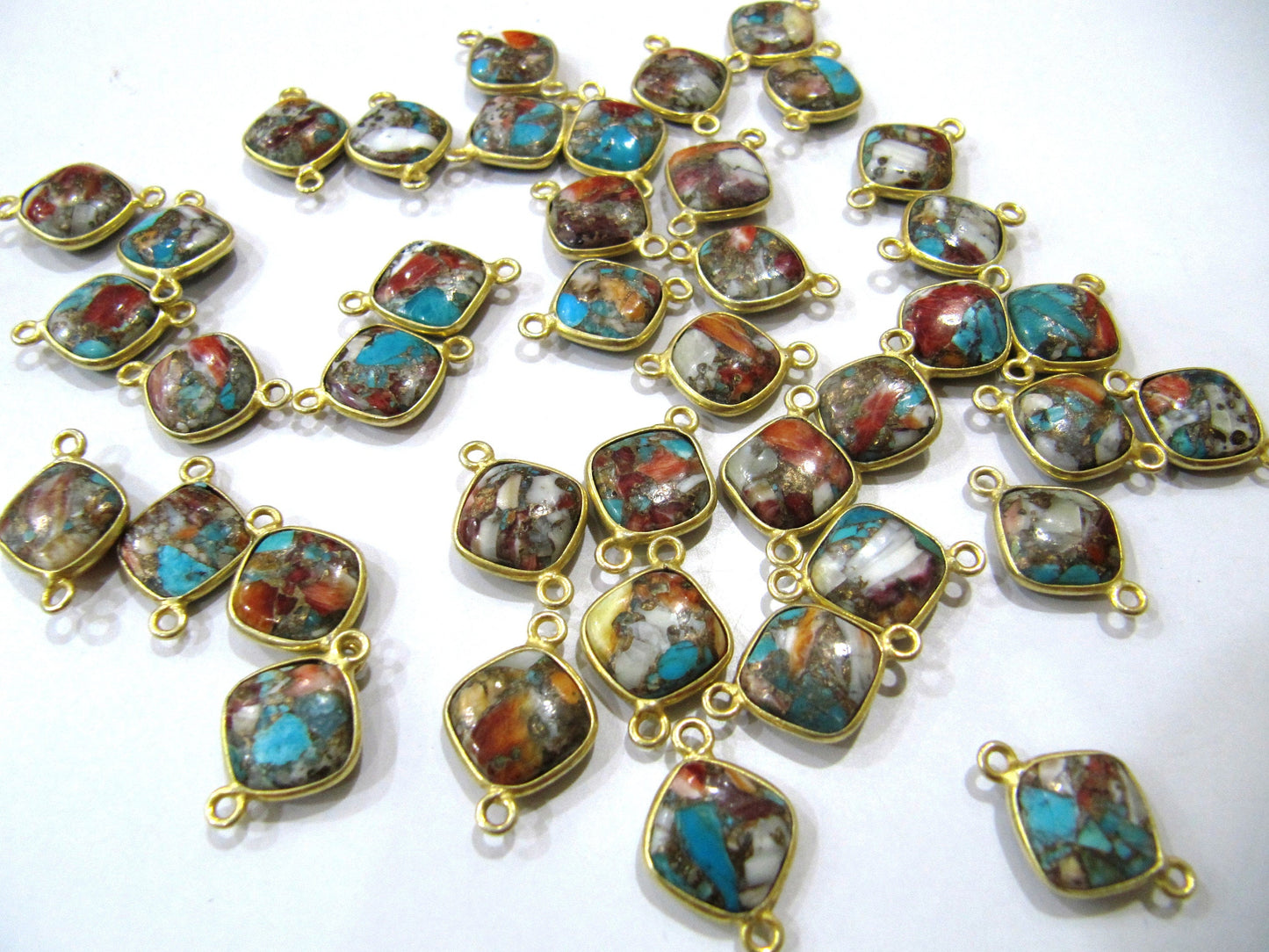Natural Oyster Copper Turquoise Cushion Shape 10mm Briolette Connectors  Corner Double Loop Bezel Charms Sold per Piece