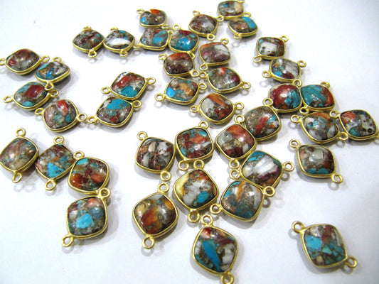 Natural Oyster Copper Turquoise Cushion Shape 10mm Briolette Connectors  Corner Double Loop Bezel Charms Sold per Piece