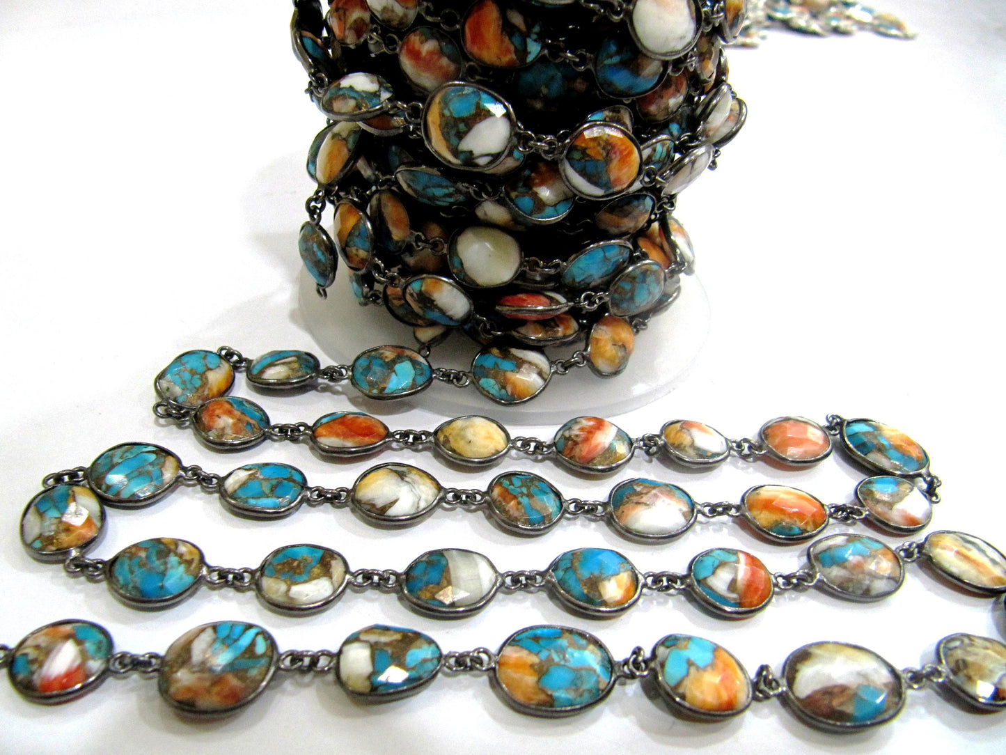 Natural Oyster Copper Turquoise Chain Free shape briolette 10to13mm Handmade Bezel  Connector gemstone chain sold per foot