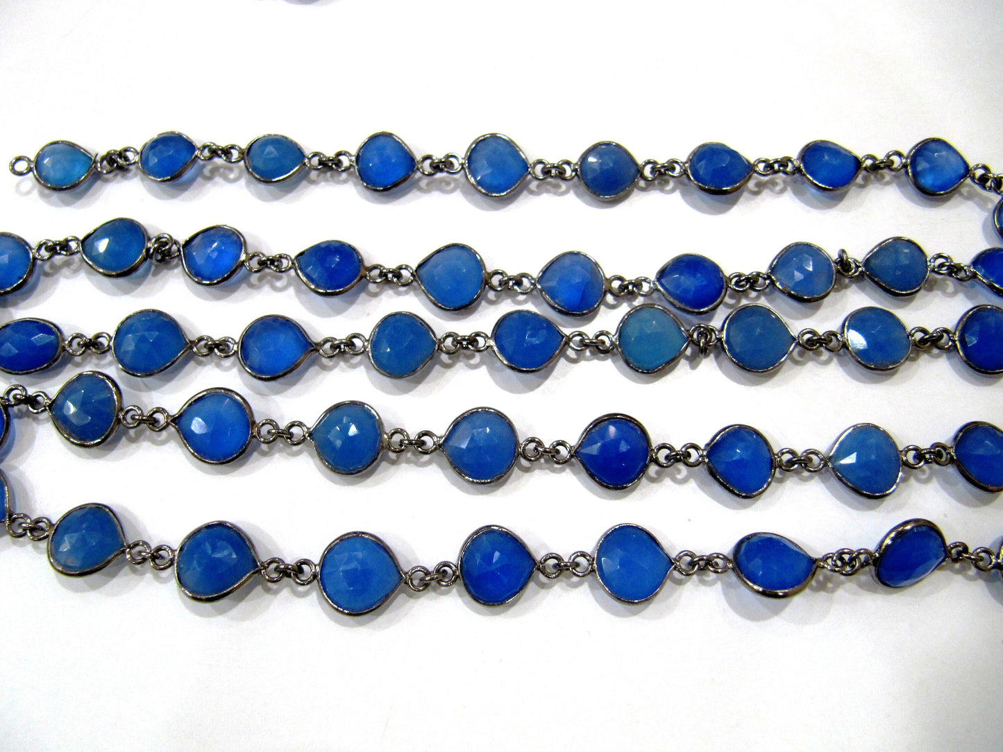 Natural Blue chalcedony 10-12mm Heart Shape Briolette Bezel Connector chain sold Per foot handmade Gemstone Jewllery