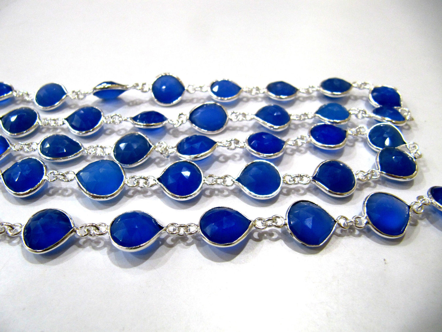 Natural Blue chalcedony 10-12mm Heart Shape Briolette Bezel Connector chain sold Per foot handmade Gemstone Jewllery
