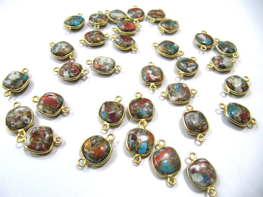 Natural Oyster Copper Turquoise Cushion Shape 10mm Briolette Connectors Double Side Loop Bezel Charms Sold per Piece