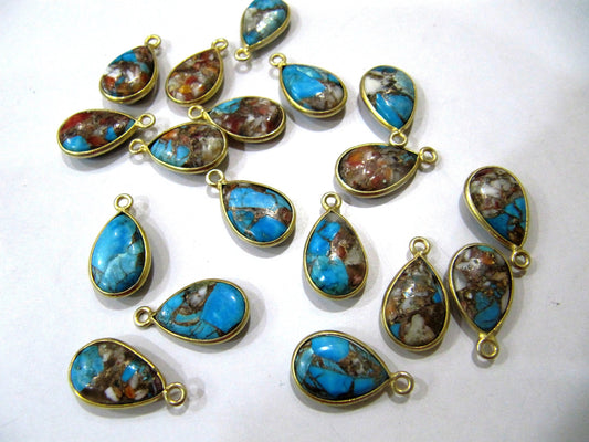 Natural Oyster Copper Turquoise Pear Shape 10-15mm Briolette Connectors Center Loop Bezel Charms Sold per Piece